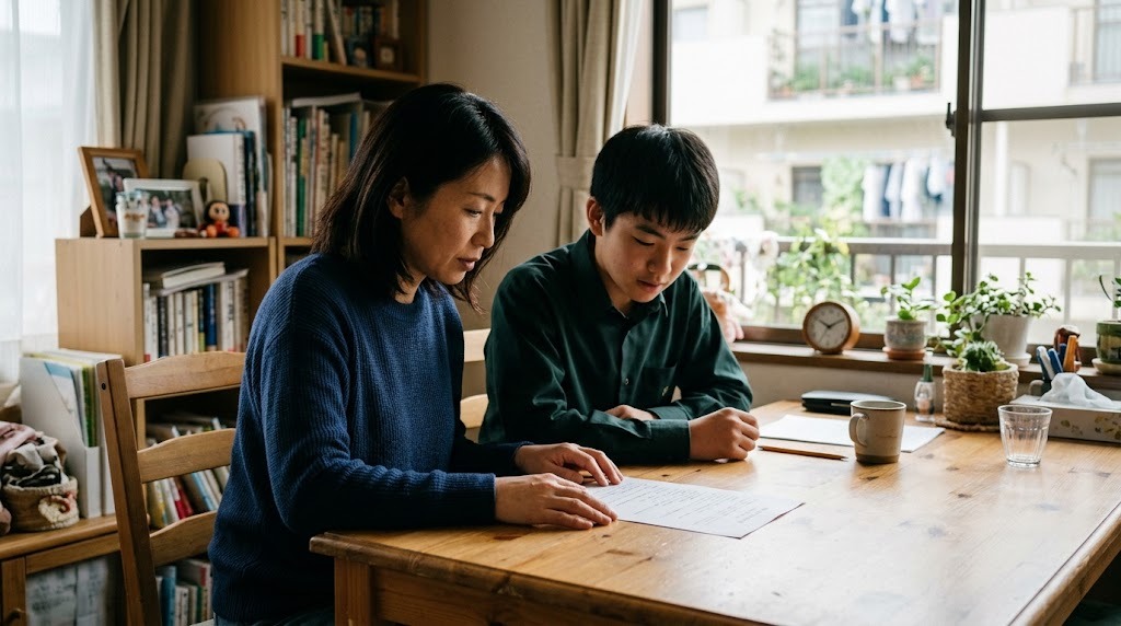 ダイニングテーブルで並んで座り、学校からの書類を一緒に見ている保護者と高校生