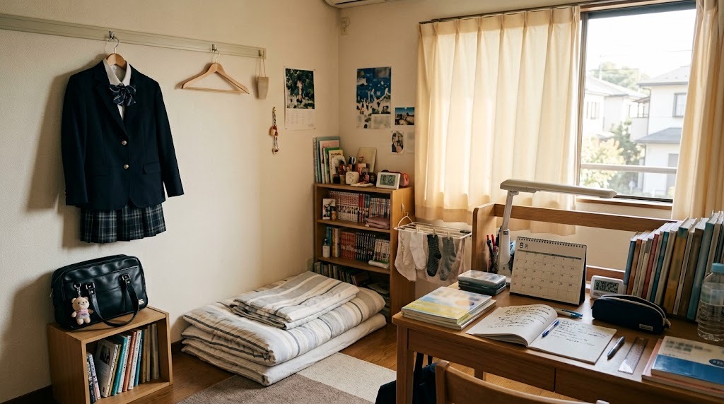 8月末の朝、制服がハンガーにかけられ、机にカレンダーが置かれた高校生の部屋