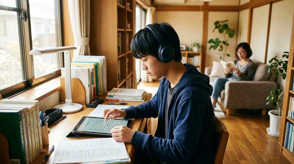 ヘッドホンをつけ、タブレットの読み上げ機能で文章を聞きながら学習する高校生と、奥で本を読む家族