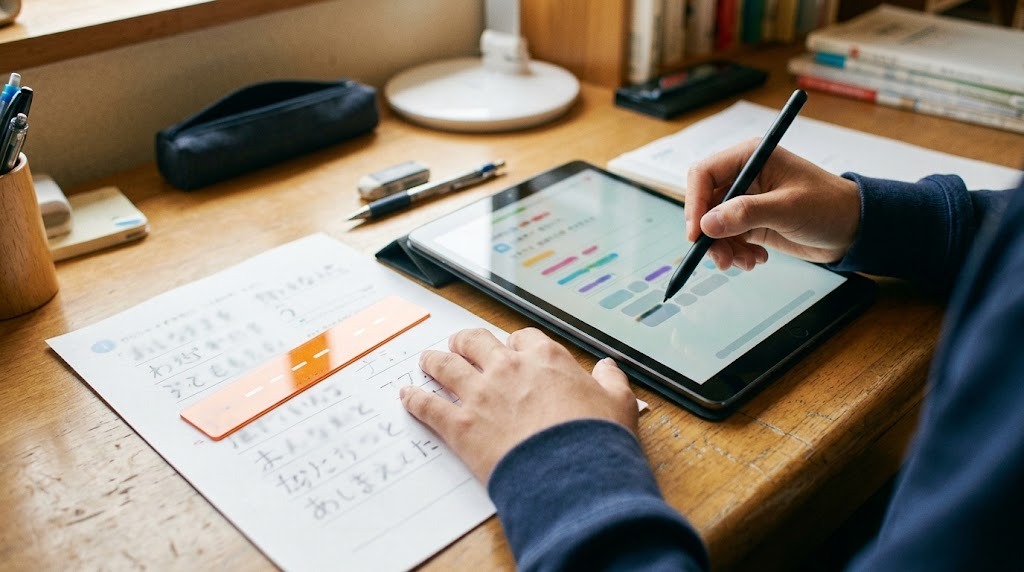 色付きの読み取り補助シートを置いたプリントの横で、タブレットにペンで書き込む高校生の手元