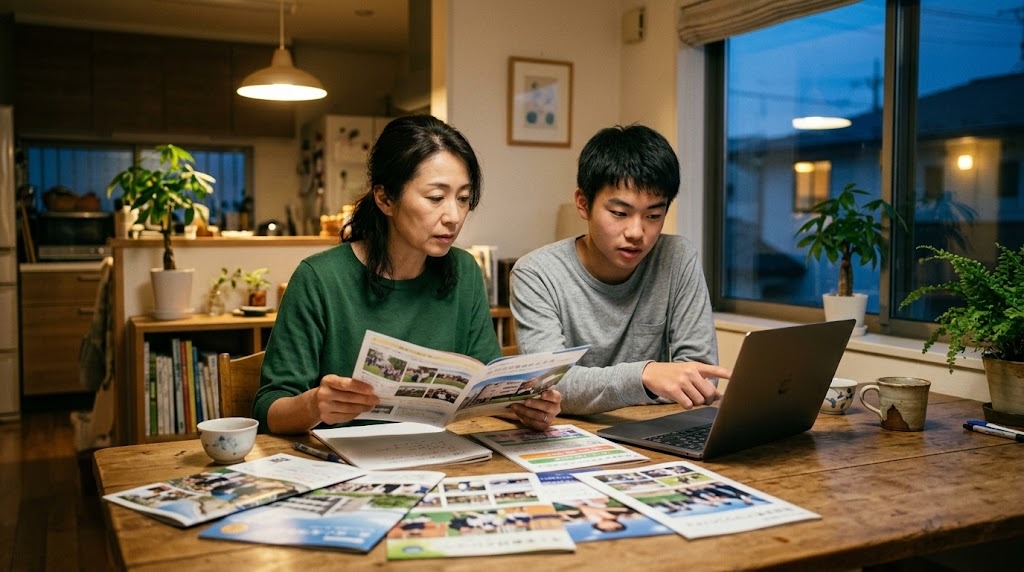 ダイニングテーブルで保護者と高校生が並んで座り、学校のパンフレットとノートパソコンを一緒に見ている様子