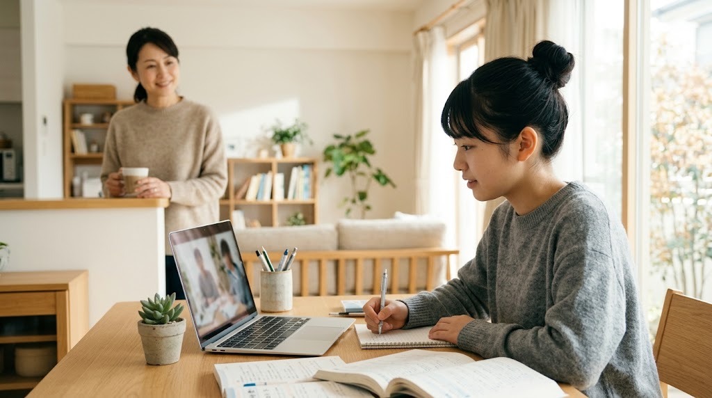 明るい部屋でノートパソコンを開き、教科書とノートを広げてオンライン授業を受ける若者と、奥でコーヒーを手に見守る保護者