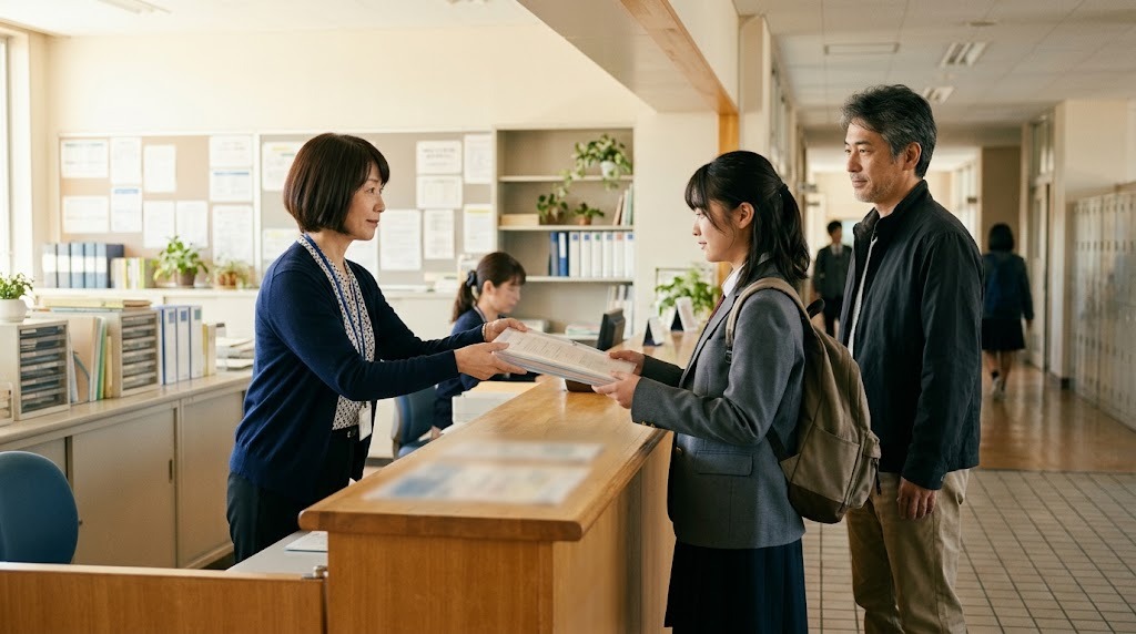 学校の事務室の窓口で、職員から書類の入ったクリアファイルを受け取る若者と、隣に立つ保護者