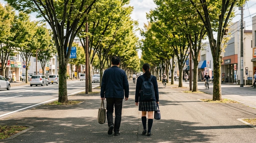 けやき並木の広い歩道を、並んで歩く保護者と高校生の後ろ姿