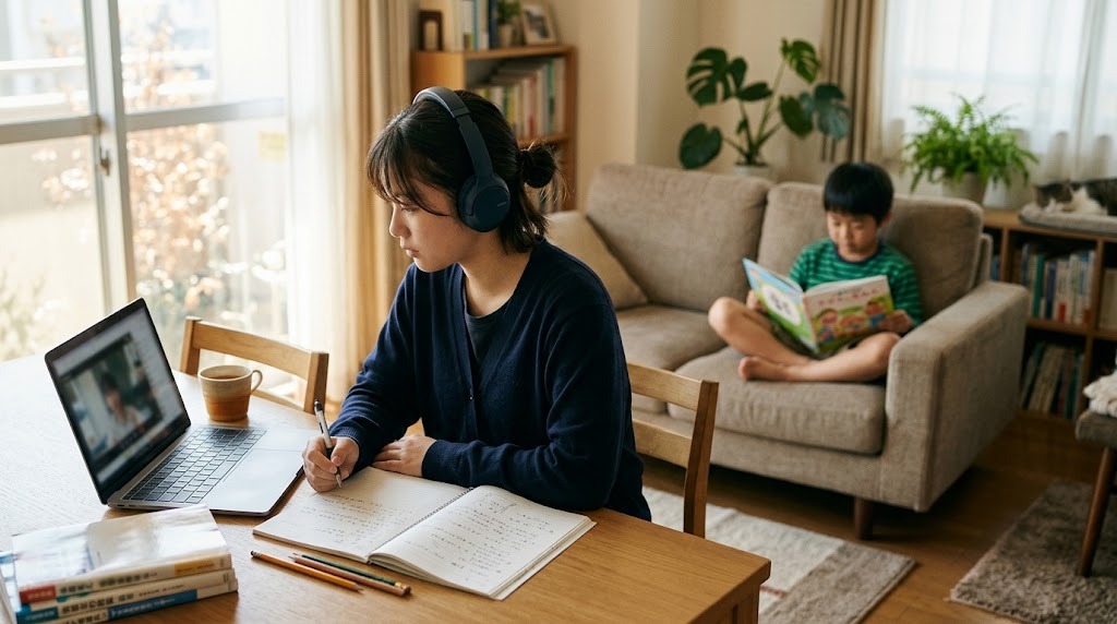 明るい居間のテーブルでヘッドホンをつけてオンライン授業を受ける高校生と、ソファで絵本を読むきょうだい