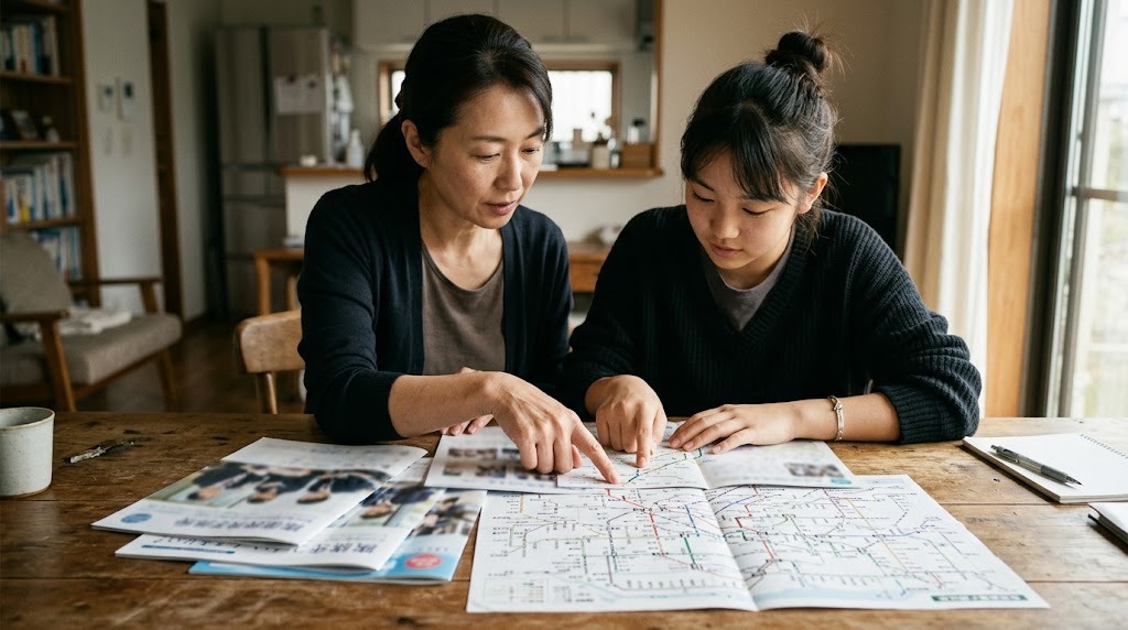 ダイニングテーブルで保護者と高校生が並んで座り、学校のパンフレットと鉄道の路線図を指さしながら一緒に見ている様子