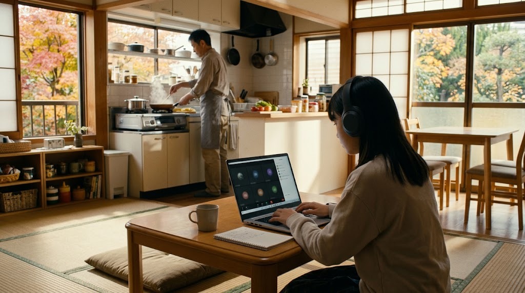 秋の明るい居間で、カメラをオフにしてヘッドホンでオンライン授業に参加する高校生と、奥で料理をする父親