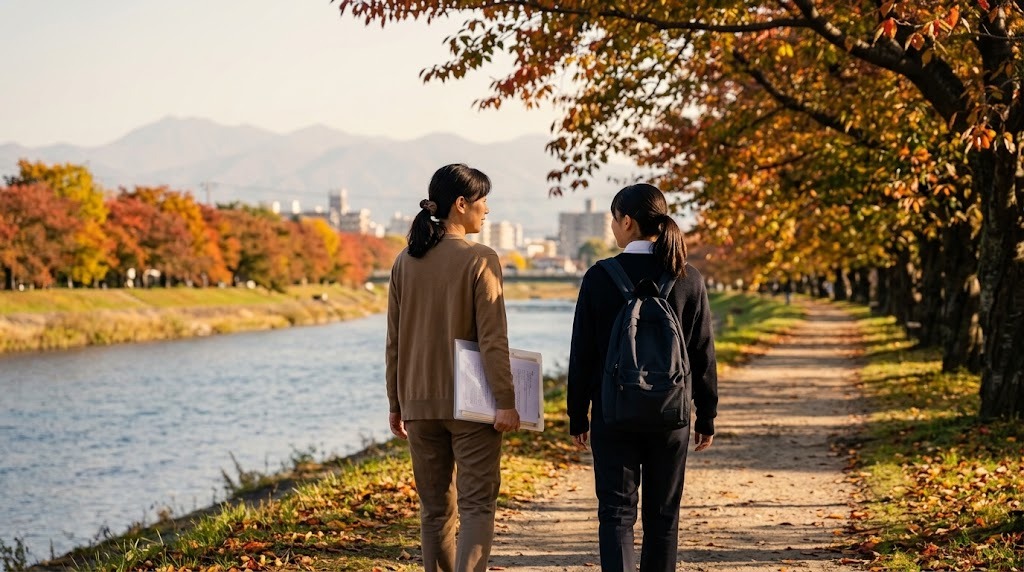 紅葉の並木が続く川沿いの道を、書類を持って並んで歩く保護者と高校生の後ろ姿