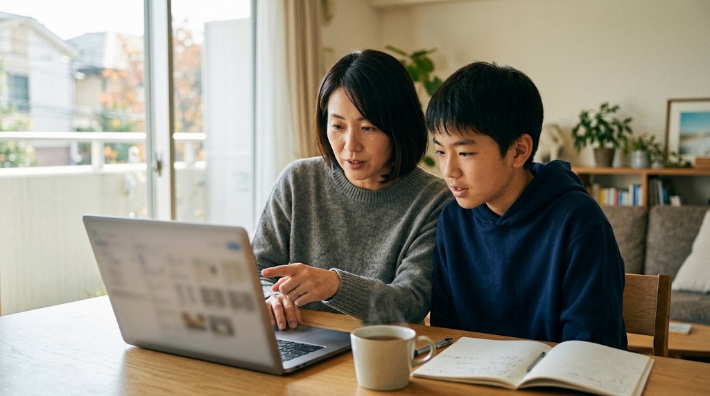 自宅のテーブルで、保護者と一緒にノートパソコンを見ながら入学の準備をする中学生