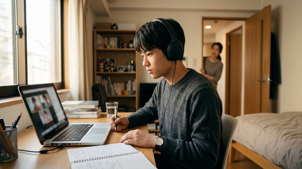 自宅でヘッドホンをつけ、パソコンでオンライン授業に参加する中学生