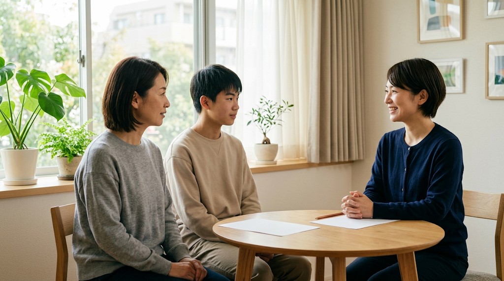 丸いテーブルで、学校のスタッフに相談する保護者と中学生