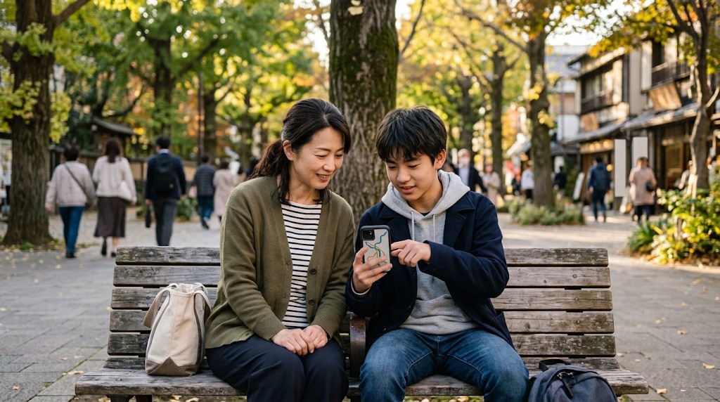並木のある広場のベンチで、スマートフォンの路線図を一緒に見る母親と高校生の息子