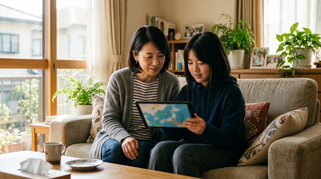 明るい居間のソファで、タブレットの地図を一緒に見る母親と高校生の娘