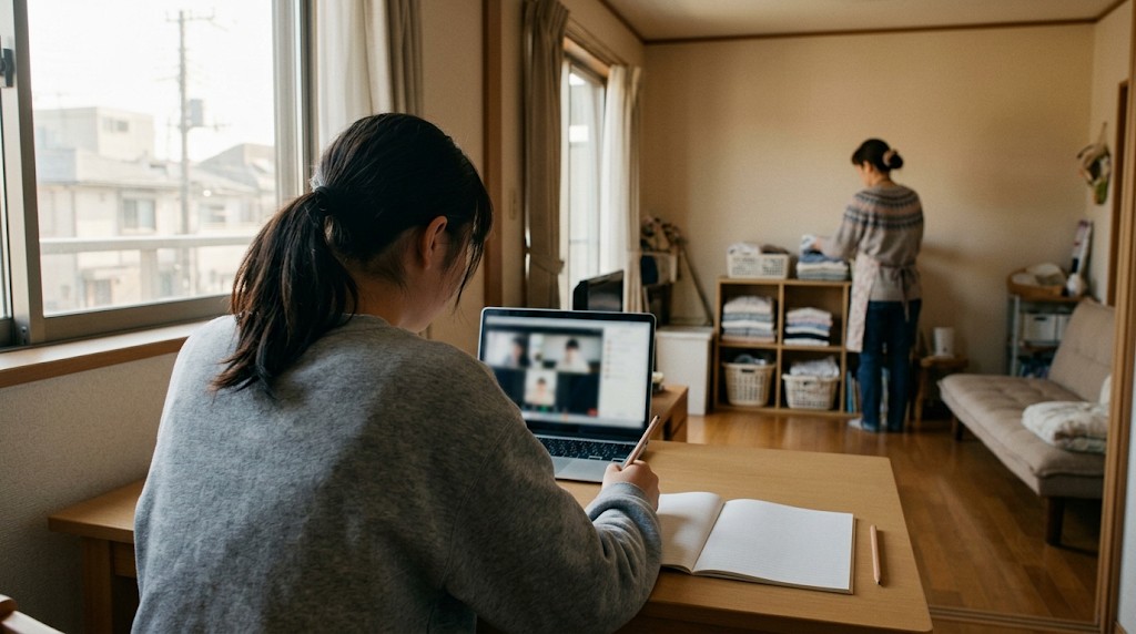 自分の机でノートパソコンのオンライン授業を受ける高校生と、奥で洗濯物をたたむ母親