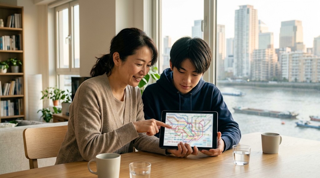 川と高層ビルが見えるマンションの食卓で、タブレットの路線図を一緒に見る母親と高校生の息子
