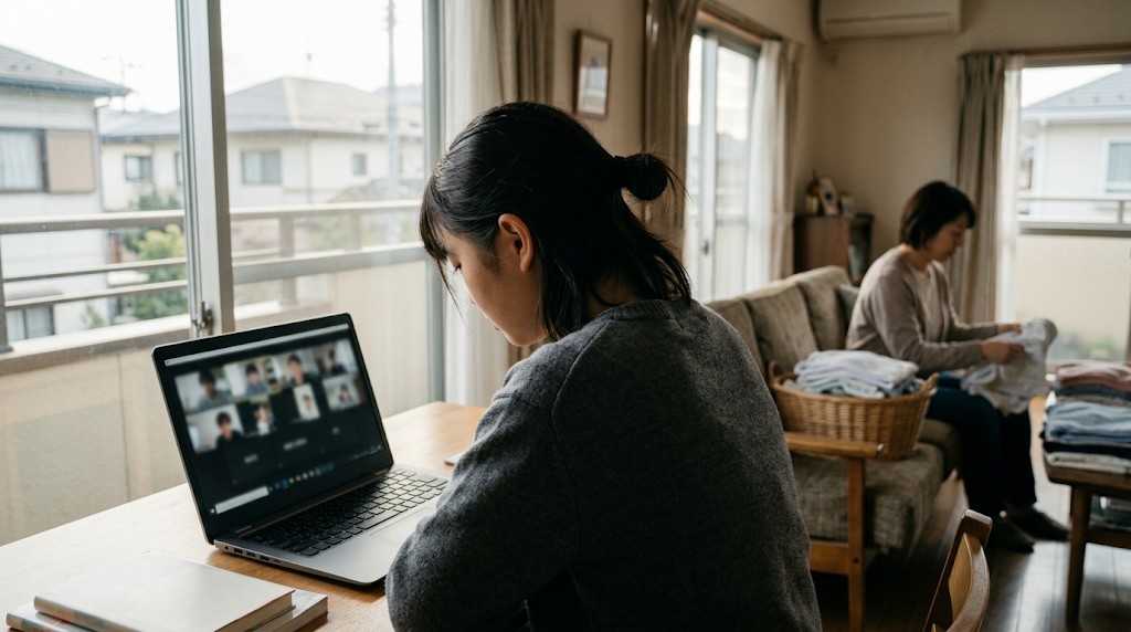 家の机でノートパソコンのオンライン授業を受ける高校生と、奥のソファで洗濯物をたたむ母親