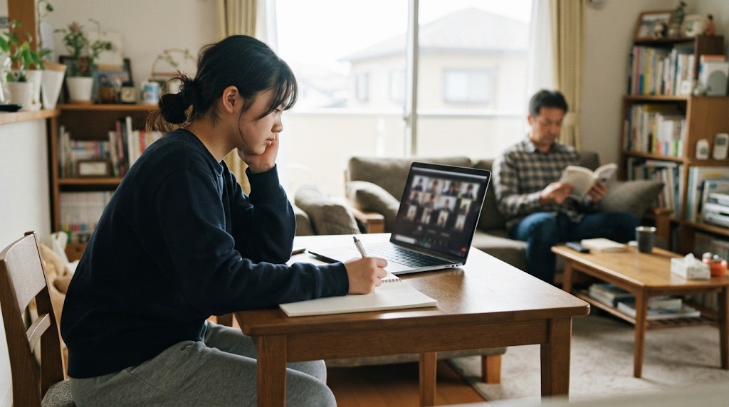 明るい居間でノートパソコンのオンライン授業を受けながらノートを取る高校生と、後ろのソファで本を読む父親
