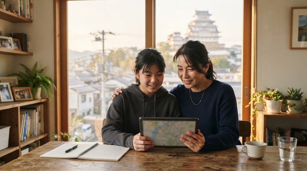 遠くに白い城が見える窓辺のテーブルで、タブレットの地図を一緒に見る母親と高校生の娘