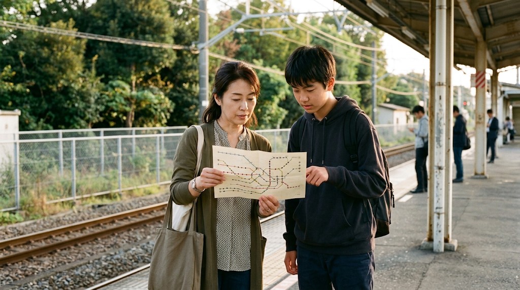郊外の駅のホームで、紙の路線図を一緒に見る母親と高校生の息子