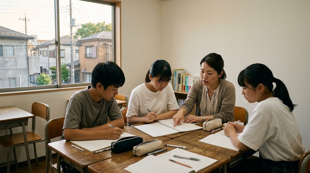 住宅街の見える小さな教室で、ノートに向かう高校生3人と、横で説明するスタッフ