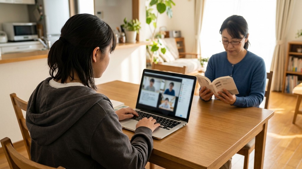 家の食卓でノートパソコンのオンライン授業を受ける高校生と、向かいで本を読む母親