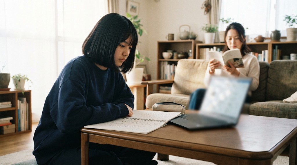明るい居間の座卓でノートを広げて学ぶ高校生と、後ろのソファで本を読む母親