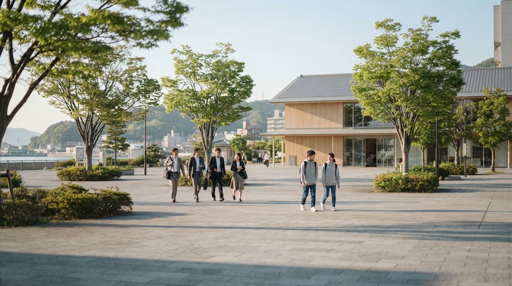 朝の木のある広場を、通勤の人たちと並んで建物のほうへ歩く高校生2人