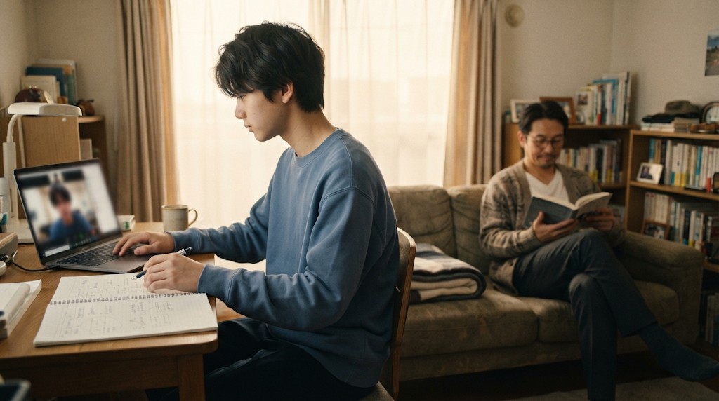 自分の部屋の机でノートパソコンのオンライン授業を受けながらノートを取る男子高校生と、後ろのソファで本を読む父親