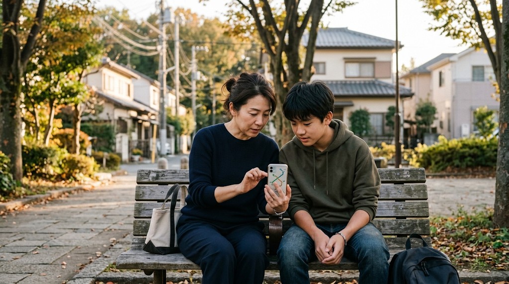 住宅街の小さな広場のベンチで、スマートフォンの路線図を一緒に見る母親と高校生の息子