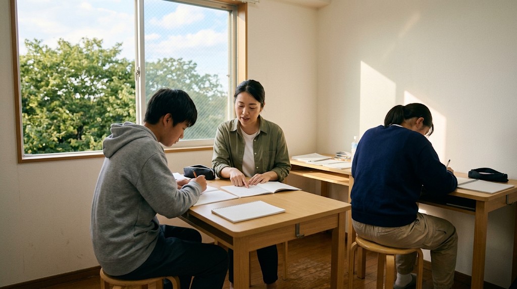緑の見える明るい教室で、別々の机でノートに向かう高校生2人と、1人の横で説明するスタッフ