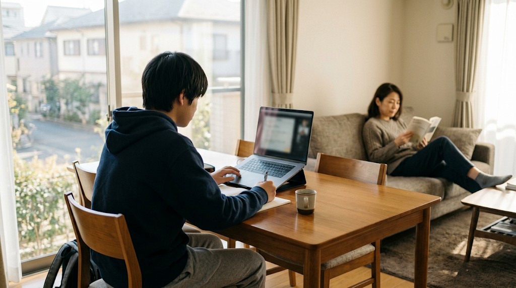 家の食卓でノートパソコンのオンライン授業を受ける高校生と、後ろのソファで本を読む母親