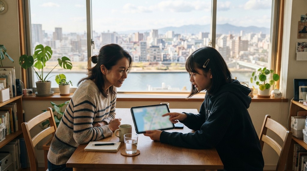 川と街並みが見える窓辺のテーブルで、タブレットの路線図を一緒に見る母親と高校生