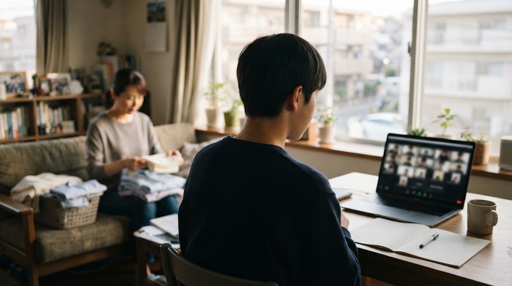 窓辺の机でノートパソコンのオンライン授業を受ける高校生と、後ろのソファで洗濯物をたたむ保護者