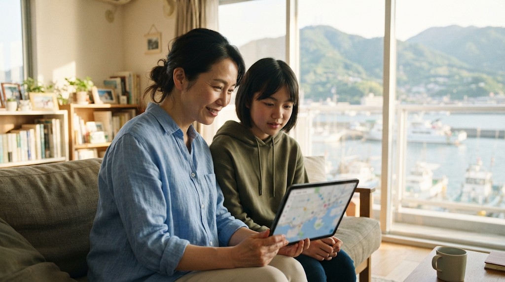 港と山が見えるマンションの居間で、ソファに並んでタブレットの地図を一緒に見る母親と高校生