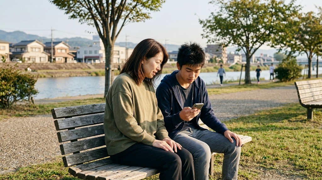 川沿いの公園のベンチで、スマートフォンを一緒に見る母親と高校生の息子