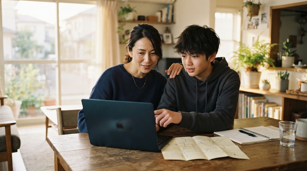 明るいダイニングで、ノートパソコンと手書きの地図を見ながら話す母親と高校生の息子