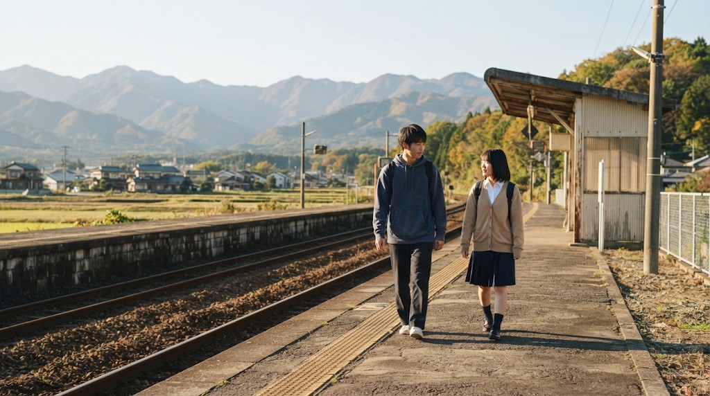 山並みが見える朝の小さな駅のホームを、並んで歩く高校生2人