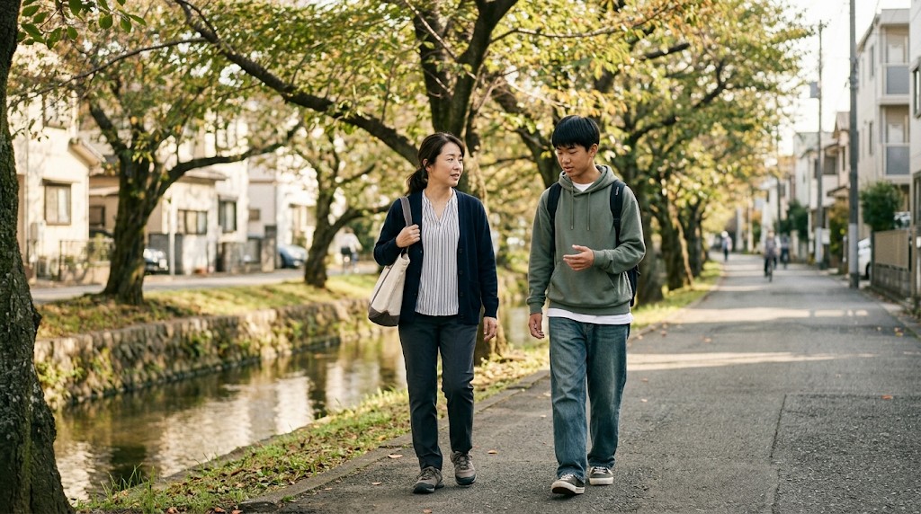住宅街の川沿いの並木道を、話しながら並んで歩く母親と高校生の息子