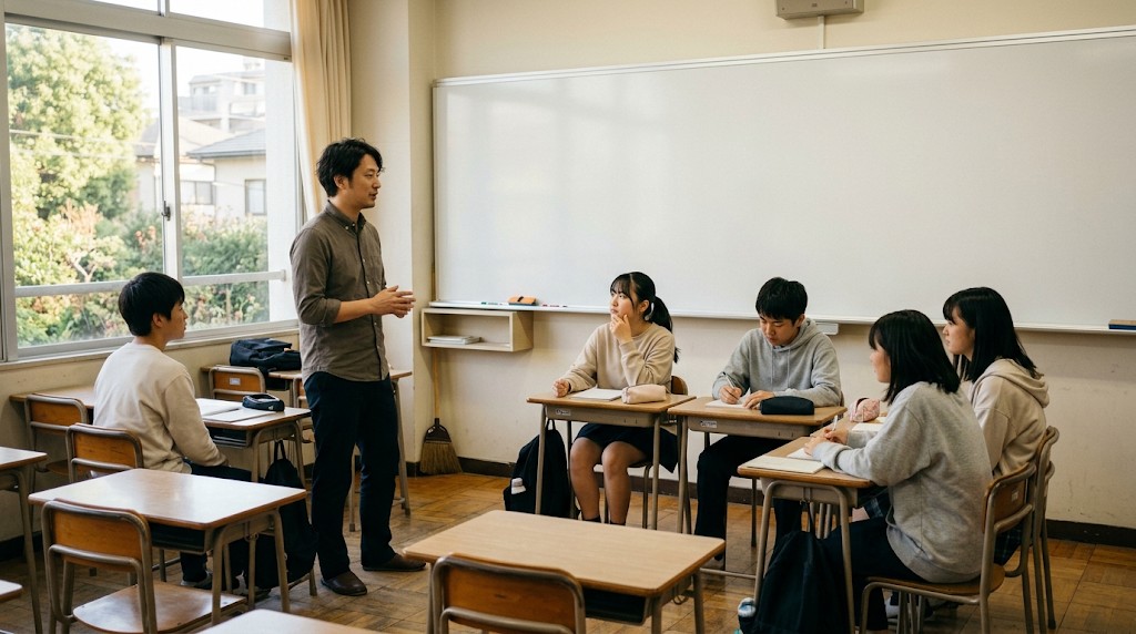 明るい教室で先生の話を聞く、私服の高校生たち