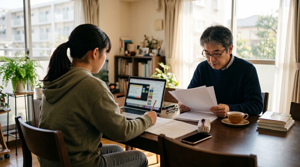 家の食卓でノートパソコンのオンライン授業を受ける高校生と、向かいで書類を読む父親