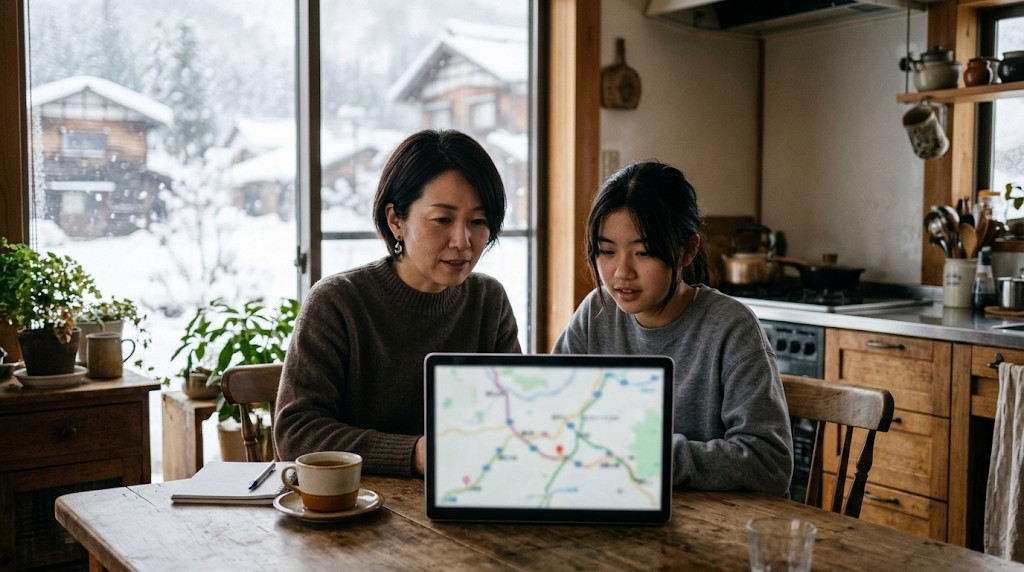 雪の降る窓辺のキッチンテーブルで、母親と高校生の娘がノートパソコンの地図を一緒に見ている様子