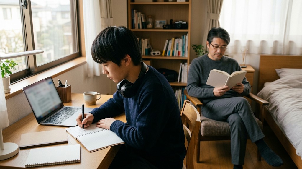自分の部屋の机でノートパソコンを開き、ノートに書き込みながら学ぶ男子高校生と、後ろで本を読む父親