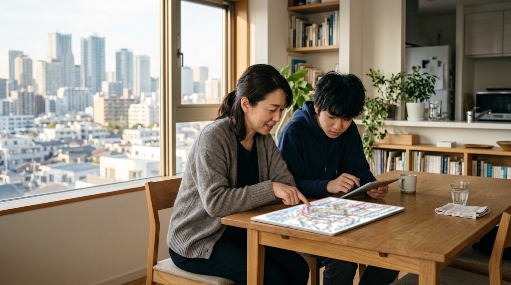 高層ビルが見えるマンションの食卓で、路線図とタブレットを一緒に見る母親と高校生の息子