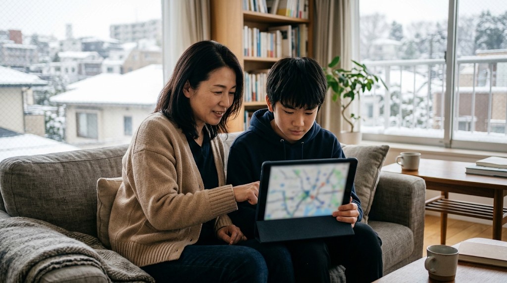 雪の積もった屋根が見える窓辺のソファで、タブレットの地図を一緒に見る母親と高校生の息子