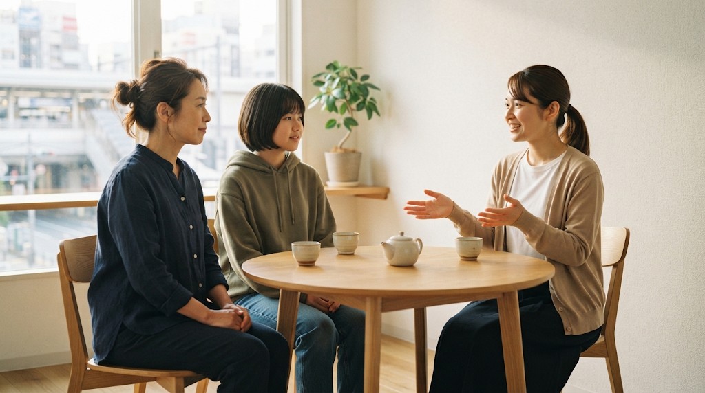 明るい相談室の丸テーブルで、スタッフの説明を聞く保護者と高校生