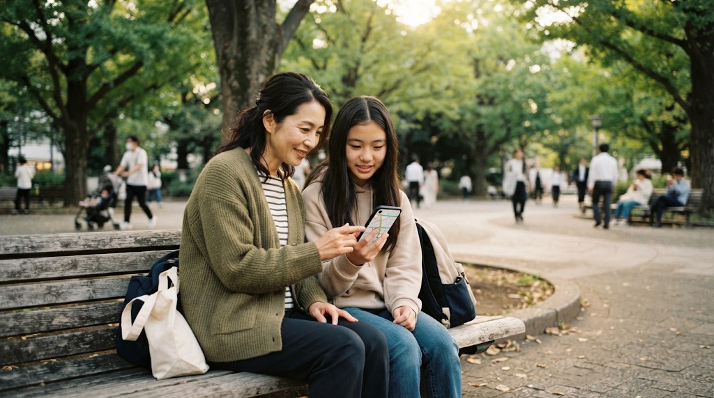 並木のある都内の広場のベンチに並んで座り、スマートフォンの地図を一緒に見る母親と高校生の娘