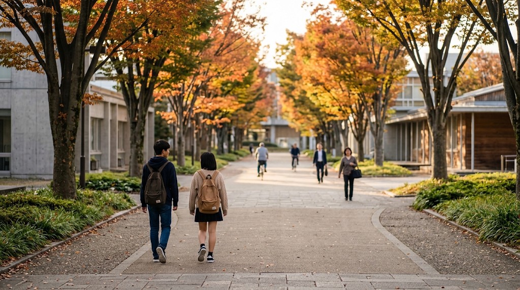 紅葉した並木の歩行者道を、並んで歩く高校生2人の後ろ姿