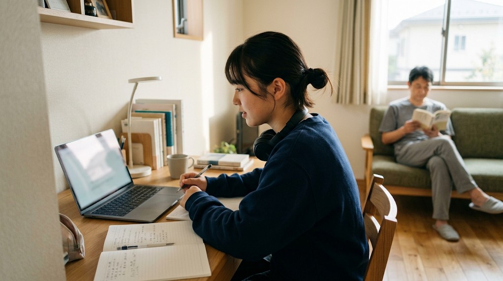 自分の部屋の机でノートパソコンに向かって学ぶ高校生と、後ろのソファで本を読む父親