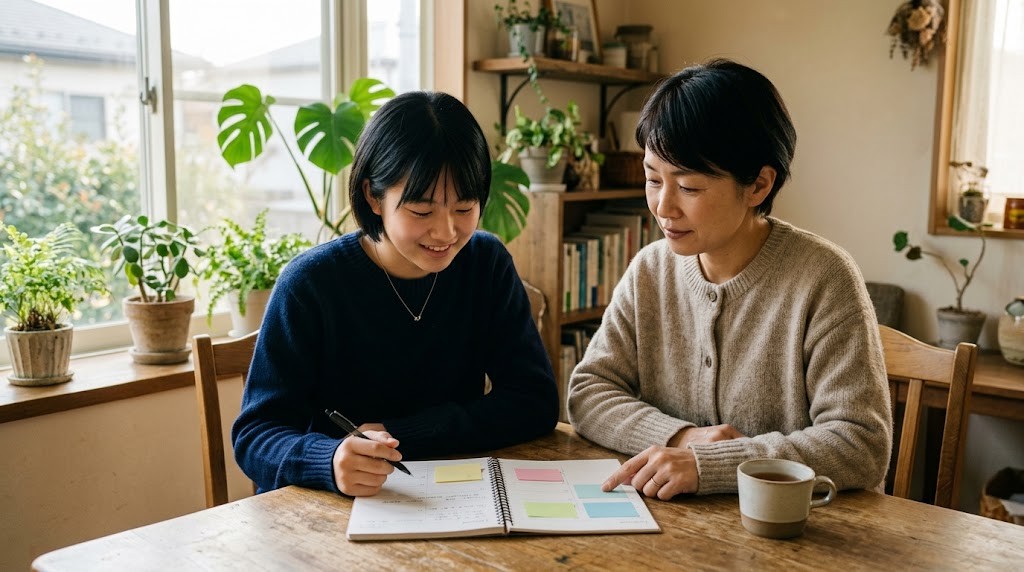 リビングのテーブルで、高校生と母親が付せんを貼った手帳を一緒に見ている
