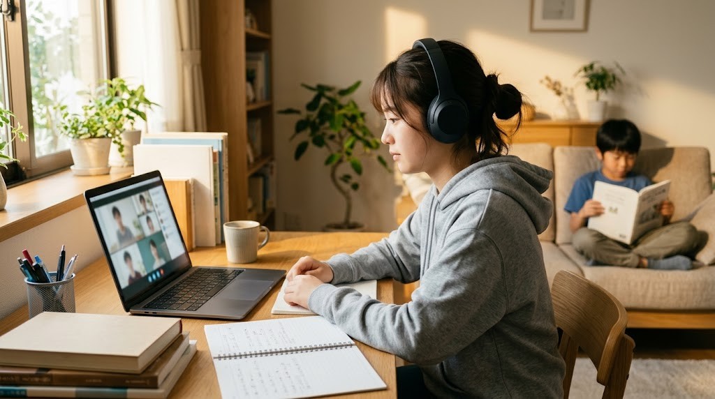 自宅の机で、ヘッドホンをした高校生がオンライン授業を受け、奥で弟が本を読んでいる